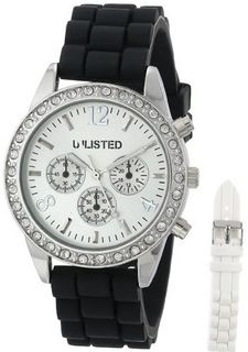 UNLISTED WATCHES UL9002 City Streets Analog Stone Bezel Box Set Black and White Strap