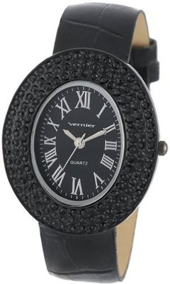 Vernier VNR11061BK Oval Black Crystal S-Tone Bezel Crocodile Pattern Strap