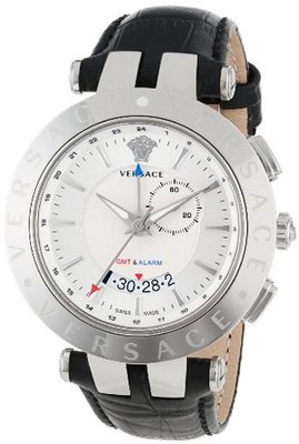 Versace 29G99D001 S009 V-Race Silver Dial GMT Alarm Date Black Leather Strap