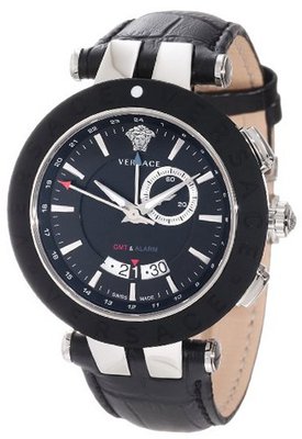 Versace 29G9S9D009 S009 V-Race Black Rubber Bezel Dual-Time Black Leather Strap Big Date