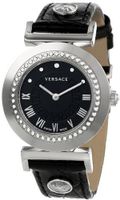 Versace P5Q99D009 S009 Vanity Round Stainless Steel Black Leather Band