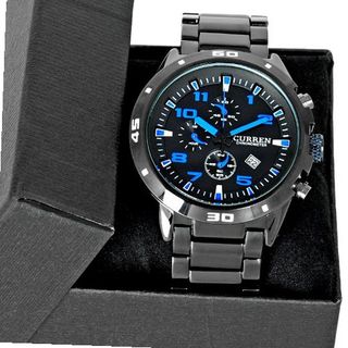 Vogue Date Blue Black Dial Stainless Steel Luxury Sport Quartz Wrist