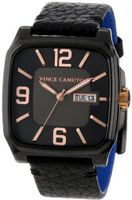Vince Camuto VC/1022BKBK The Sergeant Square Rose Gold-tone Accented Day-Date Function Black Leather Strap
