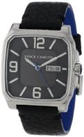 Vince Camuto VC/1022DGSV The Sergeant Square Silver-Tone Day-Date Function Black Leather Strap