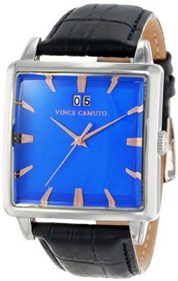 Vince Camuto VC/1038BLSV Coope Square Silver-Tone Black Leather Strap