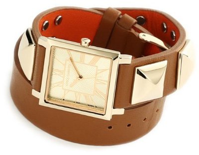 Vince Camuto VC/5028CHBN Leather Square Gold-Tone Brown Double-Wrap Strap