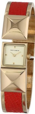 Vince Camuto VC/5060RDGB Gold-Tone Pyramid Covered Dial Red Leather Insert Bangle