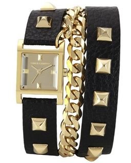 Vince Camuto VC/5088GMBK Square Gold-Tone Double-Wrap Black Leather Strap