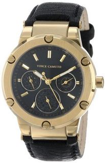 Vince Camuto VC/5124BKBK Gold-Tone Black Leather Strap Swarovski Elements