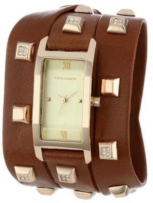 Vince Camuto VC/5142CHBN Swarovski Crystal Gold-Tone Pyramid Studded Brown Leather Triple-Wrap Strap