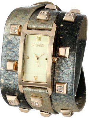 Vince Camuto VC/5142CHGD Swarovski Crystal Gold-Tone Pyramid Studded Snakeskin Pattern Leather Triple-Wrap Strap