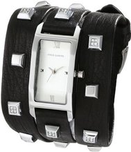 Vince Camuto VC/5143SVBK Swarovski Crystal Accented Silver-Tone Pyramid Studded Black Leather Triple-Wrap Strap