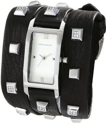 Vince Camuto VC/5143SVBK Swarovski Crystal Accented Silver-Tone Pyramid Studded Black Leather Triple-Wrap Strap