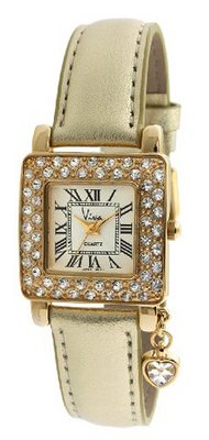 Viva Gold-Tone Square Crystal Bezel And Gold Metallic Strap Heart Charm #V2169GD