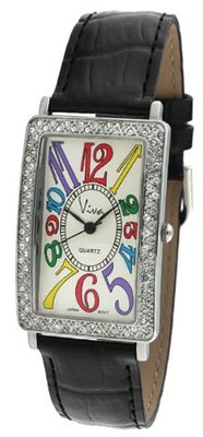 Viva Silver-Tone Crystal Bezel Multi-Color Numbers Black Strap #V935BK
