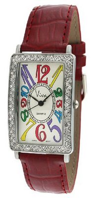 Viva Silver-Tone Crystal Bezel Multi-Color Numbers Red Strap #V935RD