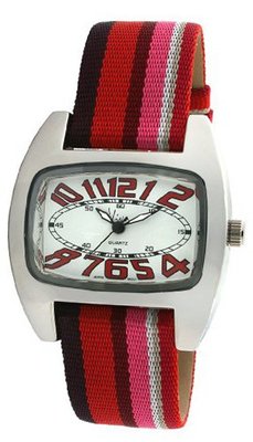 Viva Silver-Tone Red Number Dial Multi-Color Grosgrain Strap #V2390RD