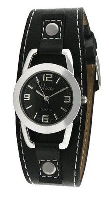 Viva Silver-Tone Round Black Leather Cuff #V3070BK