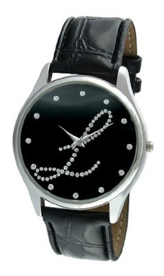 Viva Silver Tone Round Crystal Dial Initial "L" Black Strap #V1650B-L