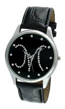 Viva Silver Tone Round Crystal Dial Initial "M" Black Strap #V1650B-M