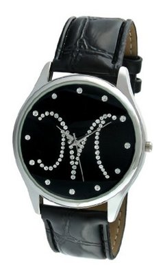 Viva Silver Tone Round Crystal Dial Initial "M" Black Strap #V1650B-M