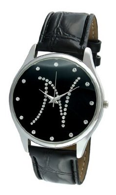 Viva Silver Tone Round Crystal Dial Initial "N" Black Strap #V1650B-N