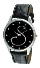 Viva V1650B-S Silver Tone Round Crystal Dial Initial "S" Black Strap
