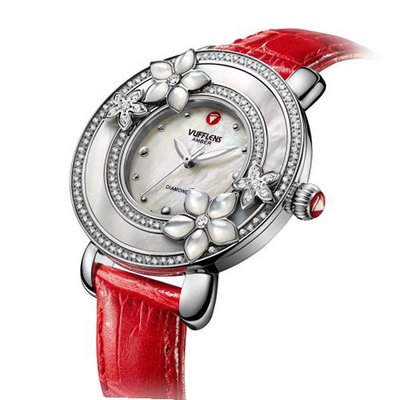 Vufflens V223.32 Amber Collection Red Leather Mother-pearl Flower Quartz