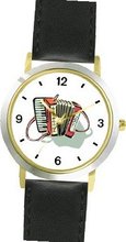 Accordion - Musical Instrument - Music Theme - WATCHBUDDY® DELUXE TWO-TONE THEME WATCH - Arabic Numbers - Black Leather Strap-Size-Large ( Size or Jumbo Size )