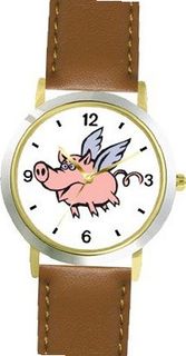 Angel Pig or Flying Pig with Wings Animal - WATCHBUDDY® DELUXE TWO-TONE THEME WATCH - Arabic Numbers - Brown Leather Strap-Size-Large ( Size or Jumbo Size )