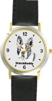 Boston Terrier (SC) Dog - WATCHBUDDY® DESIGNER DELUXE TWO-TONE THEME WATCH - Arabic Numbers-EVENING TWILIGHT STYLE - Gray Dial with Black Leather Strap-Size-Large ( Size or Jumbo Size )