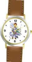 Boy Tennis Player (Pastels) Tennis Theme - WATCHBUDDY® DELUXE TWO-TONE THEME WATCH - Arabic Numbers - Brown Leather Strap-Children's Size-Small ( Boy's Size & Girl's Size )