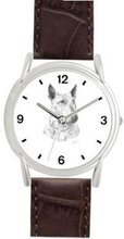 BULL TERRIER DOG (MS) - WATCHBUDDY® DELUXE SILVER TONE WATCH - Brown Strap - Small Size (Standard Size)