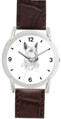 BULL TERRIER DOG (MS) - WATCHBUDDY® DELUXE SILVER TONE WATCH - Brown Strap - Small Size (Standard Size)