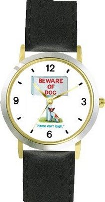Chihuahua Dog Cartoon or Comic - JP Animal - WATCHBUDDY® DELUXE TWO-TONE THEME WATCH - Arabic Numbers - Black Leather Strap-Size- Size-Small