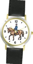 Dressage Horse and Rider Horse - WATCHBUDDY® DELUXE TWO-TONE THEME WATCH - Arabic Numbers - Black Leather Strap-Size-Large ( Size or Jumbo Size )