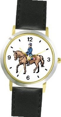 Dressage Horse and Rider Horse - WATCHBUDDY® DELUXE TWO-TONE THEME WATCH - Arabic Numbers - Black Leather Strap-Size-Large ( Size or Jumbo Size )