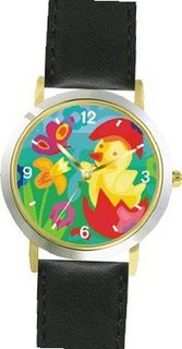 Easter Chick Hatching out of Easter Egg No.3 Easter Theme - WATCHBUDDY® DELUXE TWO-TONE THEME WATCH - Arabic Numbers - Black Leather Strap-Children's Size-Small ( Boy's Size & Girl's Size )