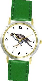 Falcon Bird Animal - WATCHBUDDY® DELUXE TWO-TONE THEME WATCH - Arabic Numbers - Green Leather Strap-Size-Large ( Size or Jumbo Size )