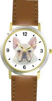French Bulldog JP Dog - WATCHBUDDY® DELUXE TWO-TONE THEME WATCH - Arabic Numbers - Brown Leather Strap-Size-Large ( Size or Jumbo Size )