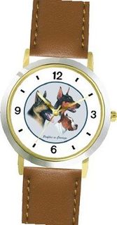 German Shepherd, Doberman Pinscher, Pit Bull JP Dog - WATCHBUDDY® DELUXE TWO-TONE THEME WATCH - Arabic Numbers - Brown Leather Strap- Size-Small