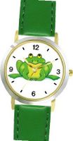 Green Frog Cartoon - JP Animal - WATCHBUDDY® DELUXE TWO-TONE THEME WATCH - Arabic Numbers - Green Leather Strap-Size-Large ( Size or Jumbo Size )