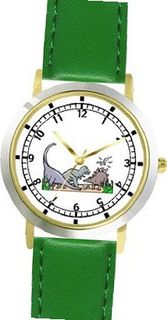 Group of Dinosaurs - Dinosaur Animal - WATCHBUDDY® DELUXE TWO-TONE THEME WATCH - Arabic Numbers - Green Leather Strap- Size-Small