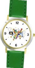 Hanukkah Dreidels & Gelt Judaica Jewish Theme - WATCHBUDDY® DELUXE TWO-TONE THEME WATCH - Arabic Numbers - Green Leather Strap- Size-Small