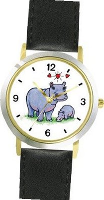 Hippopotamus (Hippo) Mother & Baby No.2 Cartoon - JP Animal - WATCHBUDDY® DELUXE TWO-TONE THEME WATCH - Arabic Numbers - Black Leather Strap-Size- Size-Small