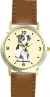 Jack Russell Terrier (MS) Dog - WATCHBUDDY® DESIGNER DELUXE TWO-TONE THEME WATCH - Arabic Numbers-SAND & SOIL STYLE - Pale Yellow Dial with Brown Leather Strap- Size-Small