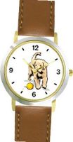 Labrador Retriever (Yellow) Puppy Dog - WATCHBUDDY® DELUXE TWO-TONE THEME WATCH - Arabic Numbers - Brown Leather Strap- Size-Small