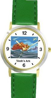 Noah's Ark No.6 - Biblical Theme - WATCHBUDDY® DELUXE TWO-TONE THEME WATCH - Arabic Numbers - Green Leather Strap- Size-Small