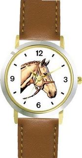 Palomino Horse in Bridle Horse - WATCHBUDDY® DELUXE TWO-TONE THEME WATCH - Arabic Numbers - Brown Leather Strap-Size-Large ( Size or Jumbo Size )