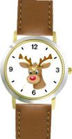 Red Nose Reindeer or Deer (Rudolf or Rudolph) - Christmas Theme - JP - WATCHBUDDY® DELUXE TWO-TONE THEME WATCH - Arabic Numbers - Brown Leather Strap-Size-Children's Size-Small ( Boy's Size & Girl's Size )
